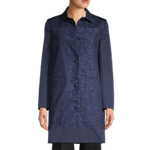 Valentino Lace Paneled Coat NEW Navy Blue Silk Lined Trench Jacket Size 4
